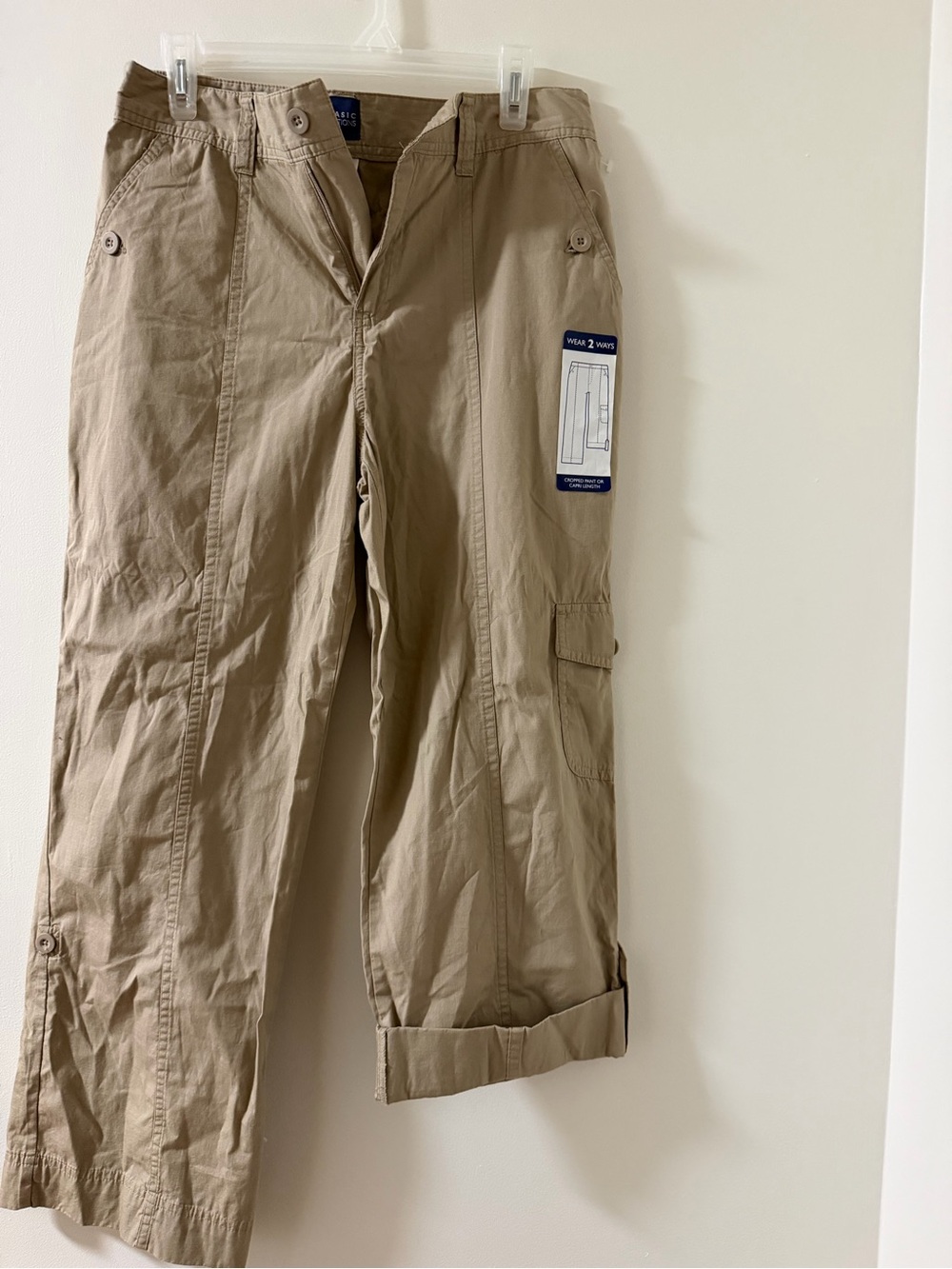 Basic Editions Cargo Capris Women Size 8 Khaki NWT Roll Tab Utility